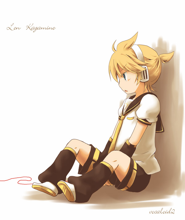 detached_sleeves hidacafe kagamine_len open_mouth red_string sitting vocaloid
