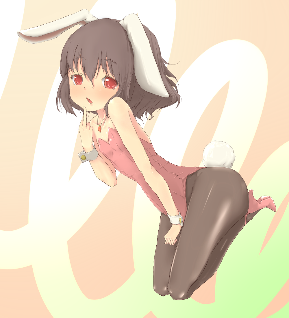 brown_hair bunny_ears bunny_tail bunnysuit carrot cuffs duplicate flat_chest high_heels inaba_tewi kneeling middle_finger necklace pantyhose rabbit_ears red_eyes touhou tuwako