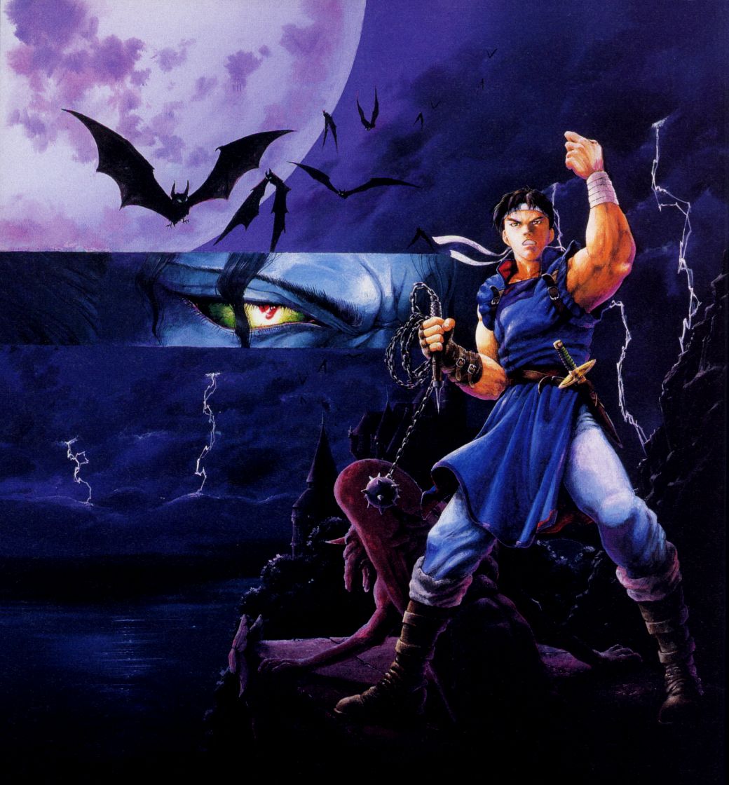 bat boots boxart brown_eyes brown_hair castle castlevania castlevania:_rondo_of_blood chain chains clenched_hands cloud dagger dracula eyes full_moon gargoyle headband ledge lightning mace male manly moon muscle night official_art raised_fist richter_belmondo rock short_hair water weapon whip