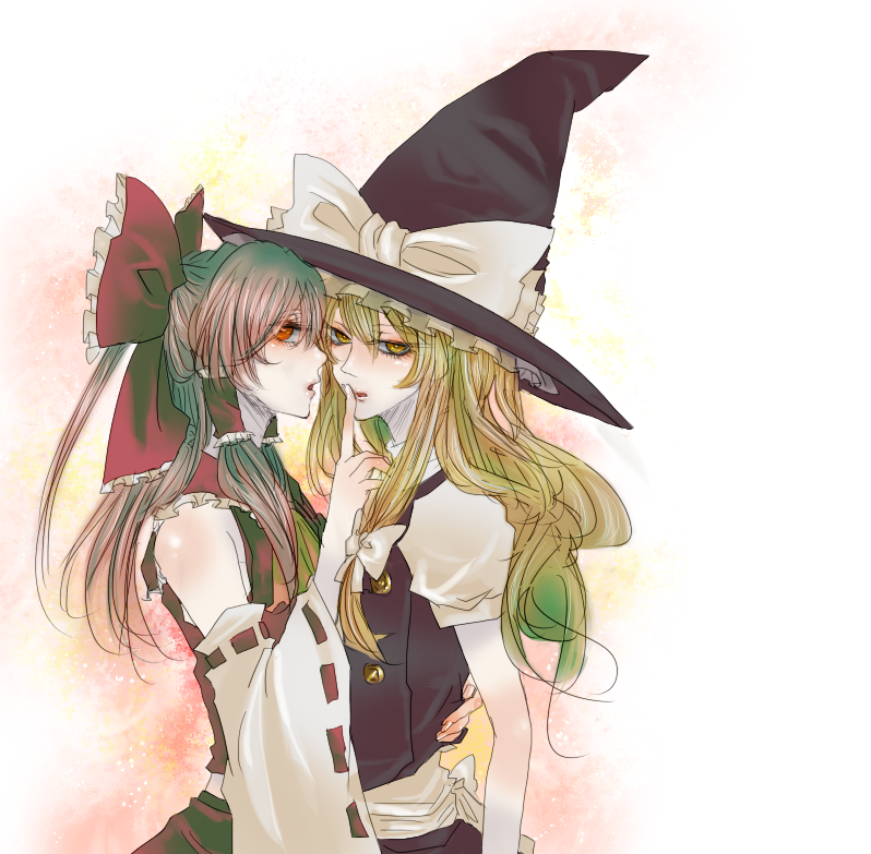 blonde_hair brown_eyes detached_sleeves hair_ribbon hakurei_reimu hat hat_ribbon kirisame_marisa lips long_hair multiple_girls profile ribbon saegome touhou witch_hat yellow_eyes yuri