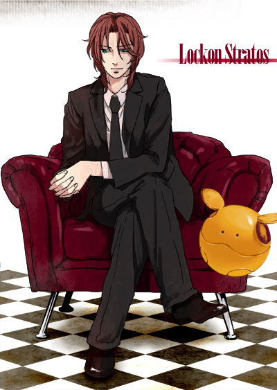 checkered checkered_floor couch crossed_legs formal gundam gundam_00 haro ikasumi lockon_stratos long_hair male necktie neil_dylandy sitting smile suit tiles