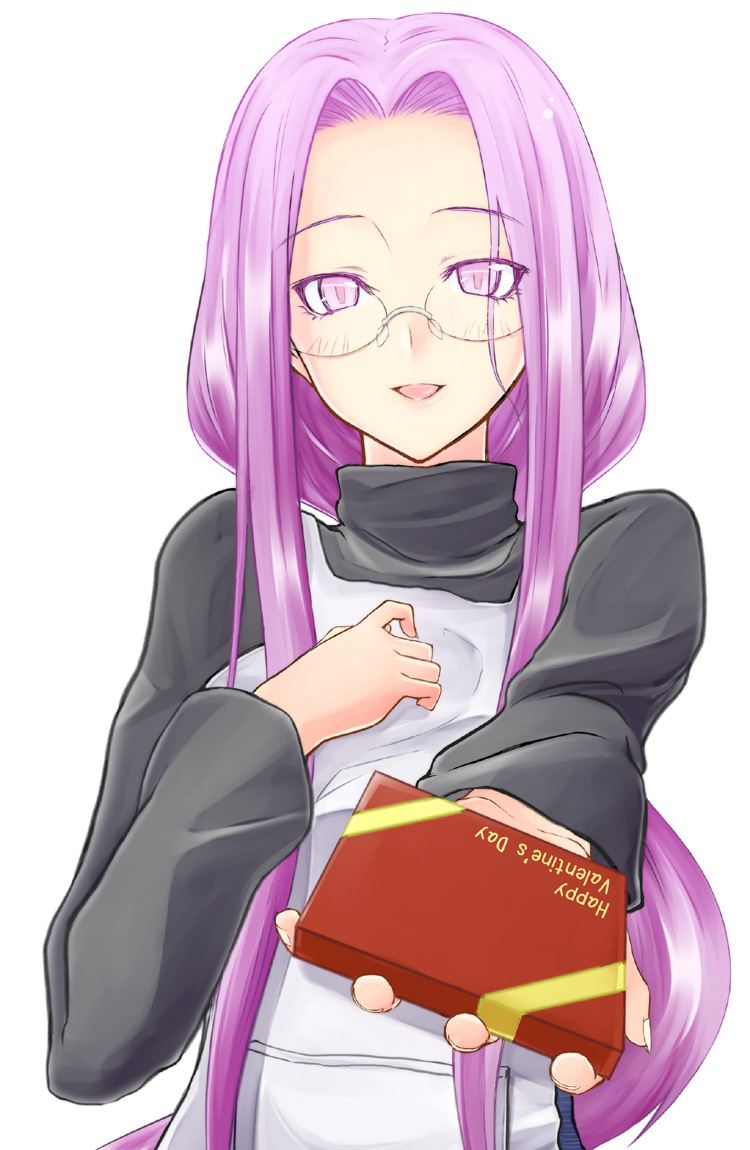 apron box chocolate fate/stay_night fate_(series) fingernails food glasses holding holding_gift incoming_gift long_hair looking_at_viewer open_mouth purple_eyes purple_hair rider simple_background smile solo valentine very_long_hair white_background zanku