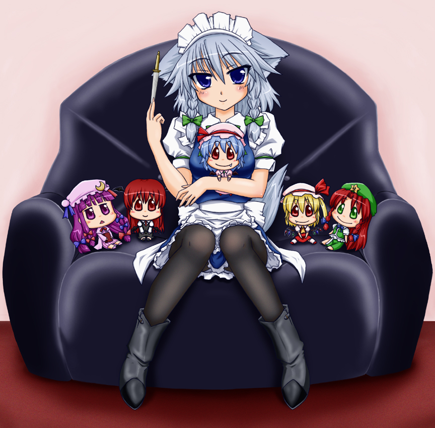 blue_eyes blush boots chair dog_ears dog_tail fang flandre_scarlet frills green_eyes hong_meiling inu_sakuya izayoi_sakuya kemonomimi_mode knife koakuma maid maid_headdress panties pantyhose patchouli_knowledge purple_eyes red_eyes remilia_scarlet sebasu smile tail touhou