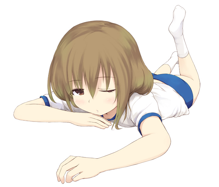 brown_hair buruma feet foreshortening gym_uniform hands lying on_stomach original sakusaku socks solo white_legwear wink