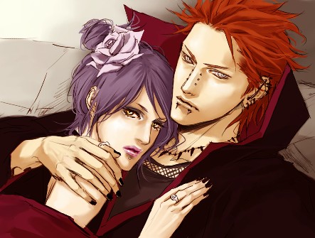 blue_hair cloak couple duo female fishnets flower hair_flower hair_ornament hand_on_shoulder lily_(artist) lowres lying male nail_polish naruto orange_hair pain_(naruto) pein piercing ring short_hair white_eyes yellow_eyes