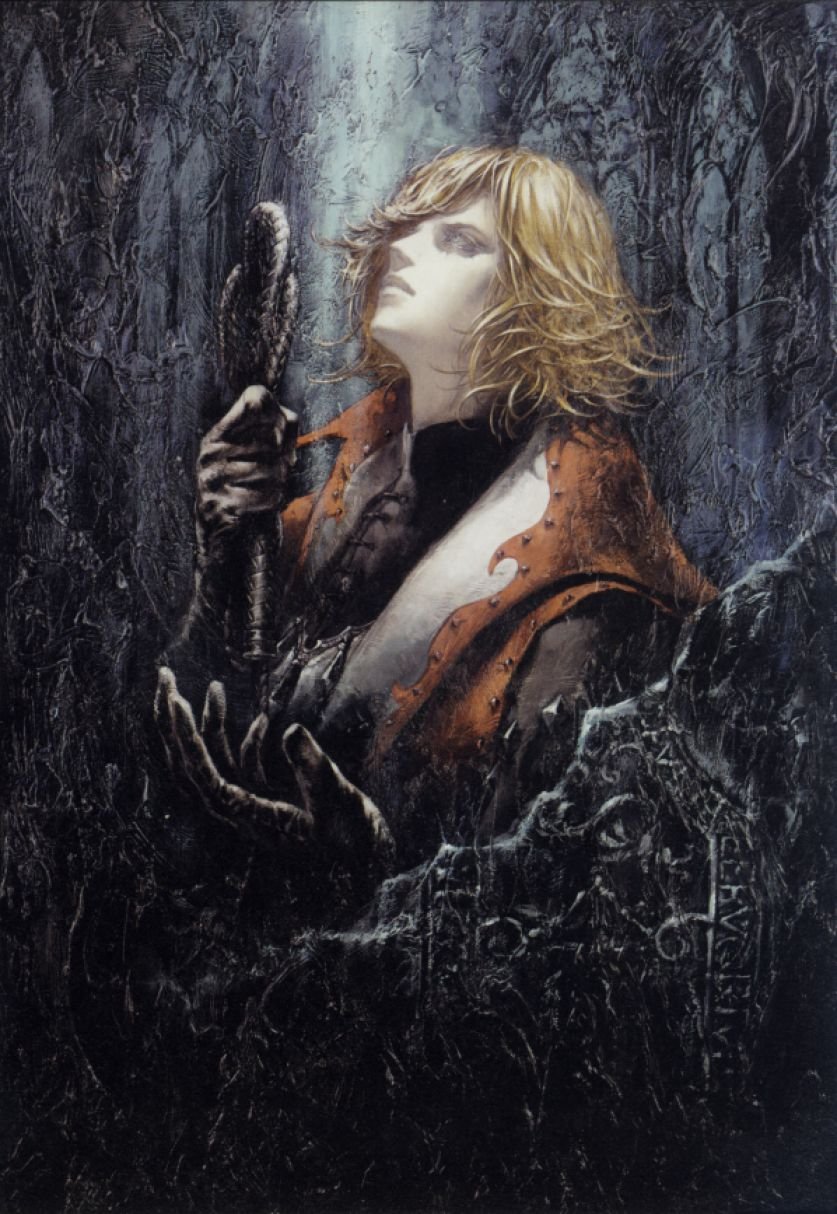 blue_eyes castlevania castlevania:_lament_of_innocence charcoal_(medium) gloves highres kojima_ayami leon_belmondo official_art oil_painting_(medium) traditional_media whip