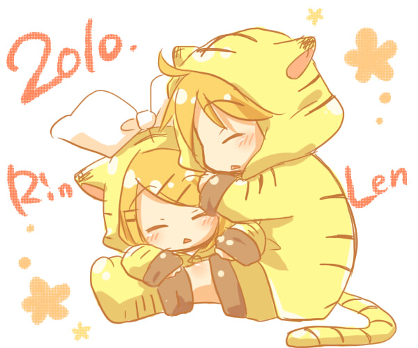 animal_costume closed_eyes costume hidacafe kagamine_len kagamine_rin new_year siblings sleeping tiger_costume tiger_print twins vocaloid young
