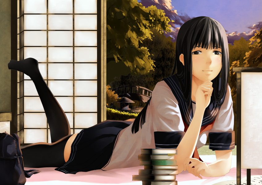 bad_id bag black_eyes black_hair book legs long_hair lying mole on_stomach original school_uniform serafuku skirt solo thigh-highs thighhighs zettai_ryouiki