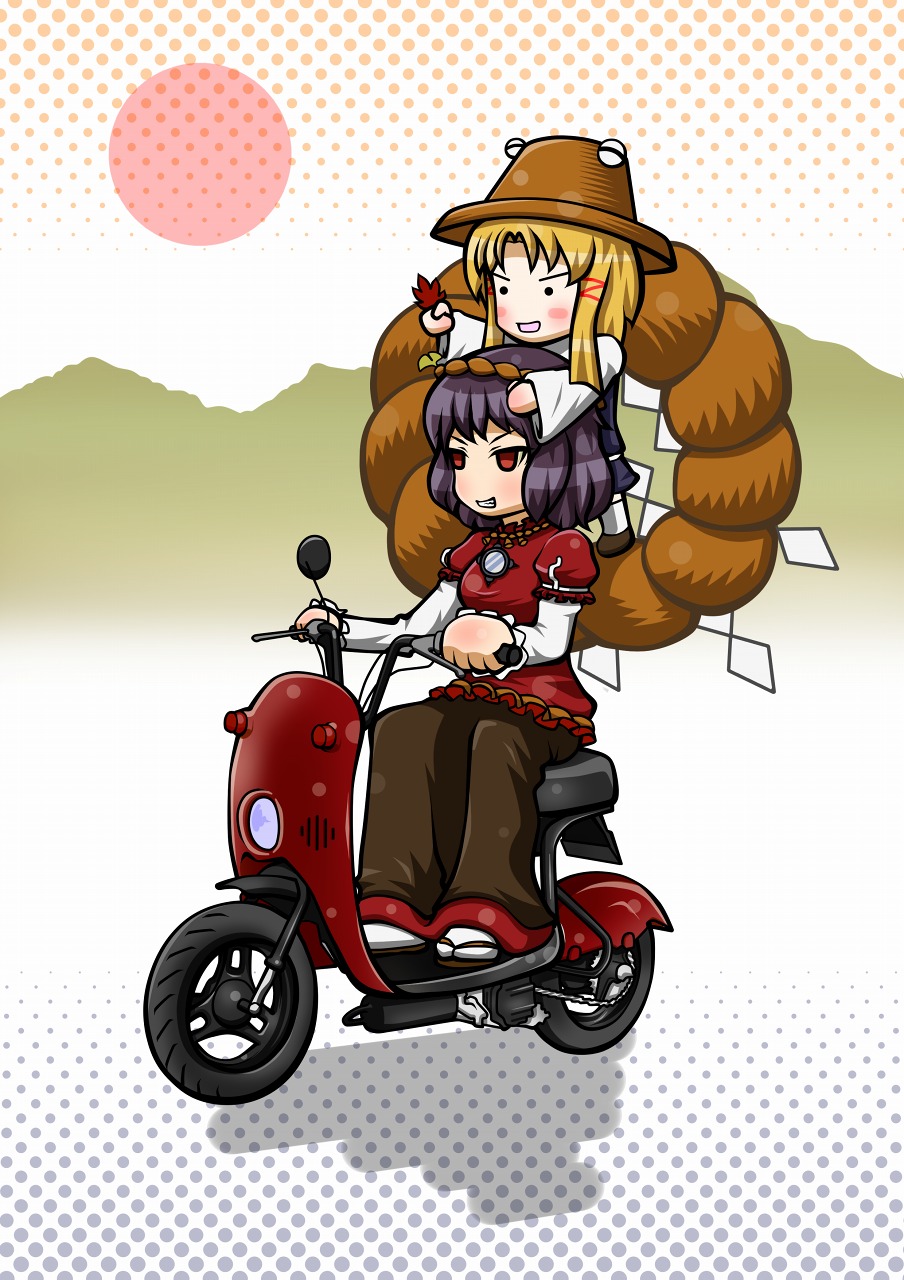 chibi highres maruhide moriya_suwako motor_vehicle scooter skirt touhou vehicle yasaka_kanako