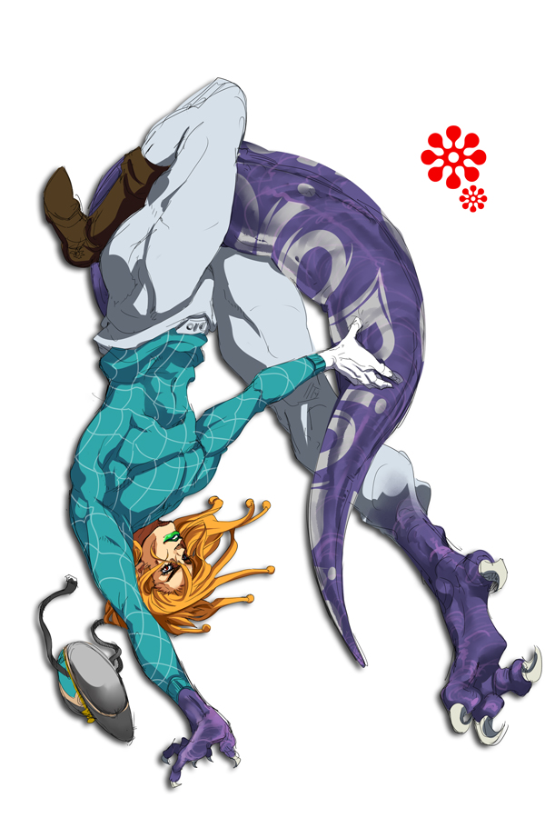 blonde_hair boots claws diego_brando dinosaur gloves green_lipstick hat jojo_no_kimyou_na_bouken lipstick male red_eyes scary_monster_(stand) stand_(jojo) steel_ball_run sweater tail transformation upside-down