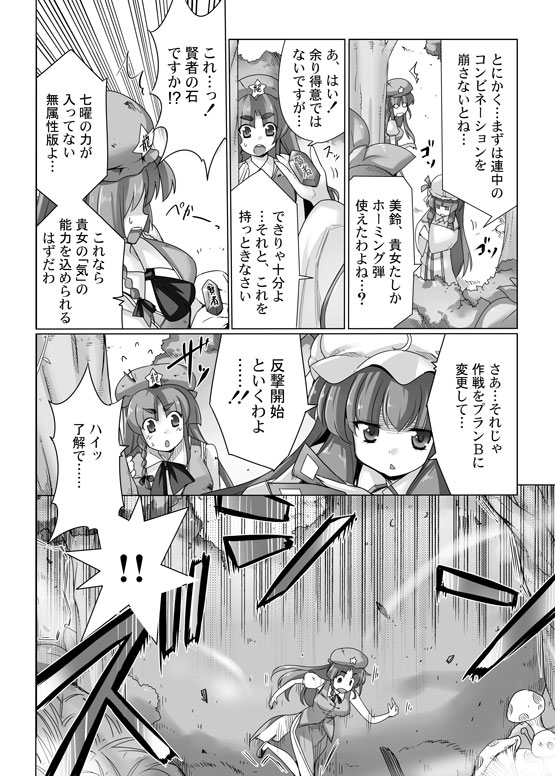 chinese_clothes comic eyebrows hat hong_meiling kiku_hitomoji long_hair monochrome mushroom patchouli_knowledge torn_clothes touhou translated translation_request