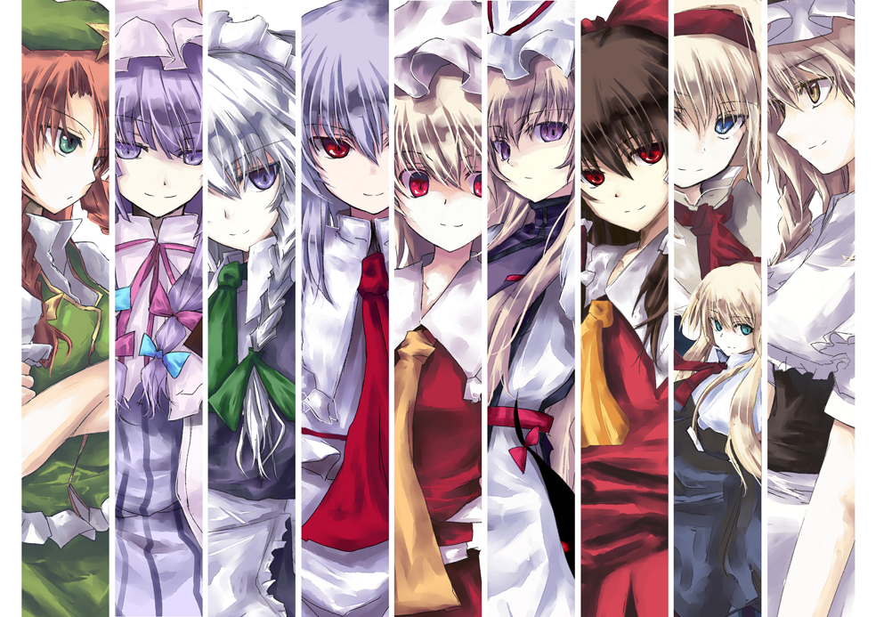 asagi_shii blonde_hair blue_eyes brown_hair column_lineup flandre_scarlet green_eyes hakurei_reimu hong_meiling izayoi_sakuya kirisame_marisa patchouli_knowledge purple_eyes purple_hair red_eyes red_hair remilia_scarlet shanghai_doll silver_hair smirk touhou yakumo_yukari yellow_eyes