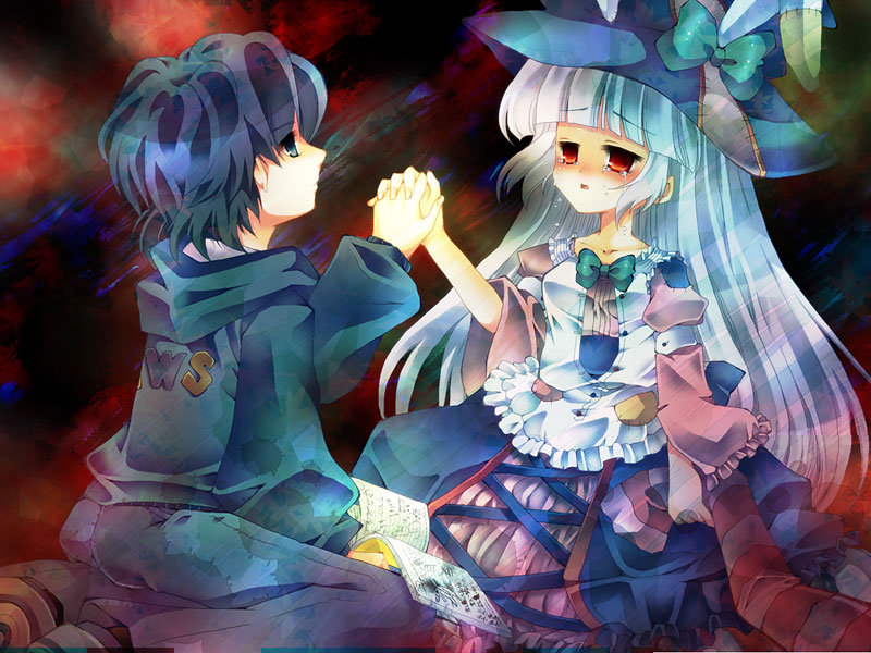 animal_ears blue_eyes blue_hair blush book bow rabbit_ears dress frills hands hat holding_hands hoodie irisu_syndrome irusu_kyonko long_hair open_mouth red_eyes short_hair sitting striped tears tentori_sanjuusan uujishima_(irisu) very_long_hair white_hair