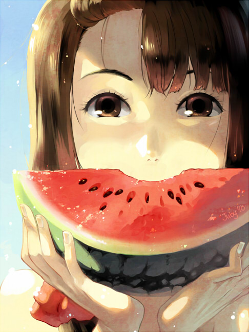 brown_hair food fruit hands holding holding_fruit joodlez juby original portrait solo watermelon