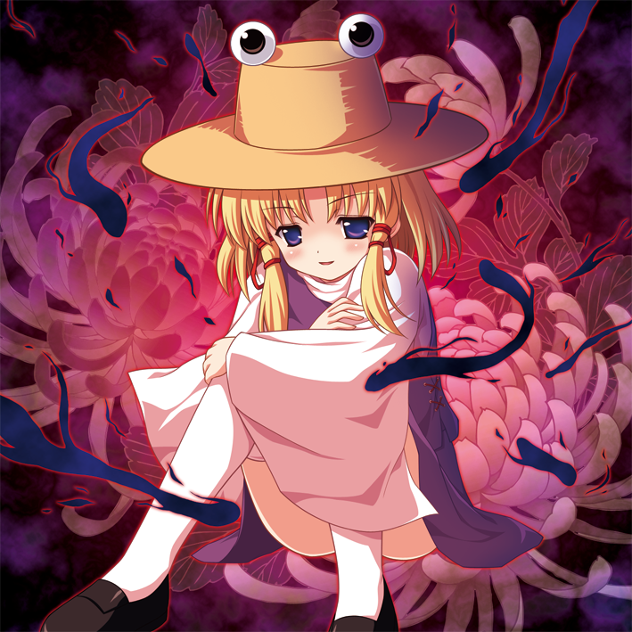 blue_eyes flower hat leg_hug moriya_suwako sitting thighhighs touhou wide_sleeves yamasan