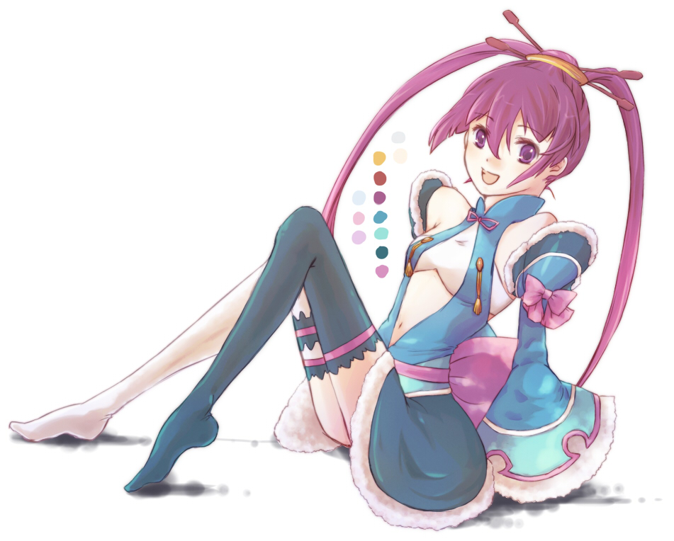 ar_tonelico ar_tonelico_iii bad_id bare_shoulders blue_legwear blue_thighhighs bow detached_sleeves finnel gust hair_ornament lace lace-trimmed_thighhighs long_hair midriff mismatched_legwear multicolored_legwear multicolored_thighhighs navel open_mouth purple_eyes purple_hair solo thigh-highs thighhighs twintails violet_eyes white_legwear white_thighhighs
