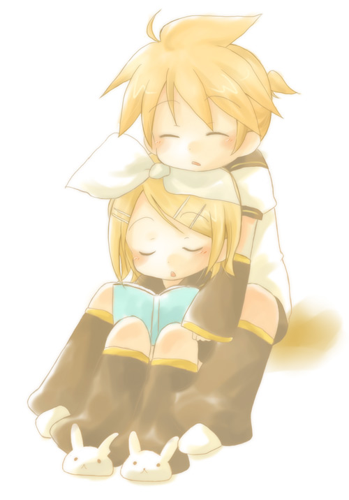 book brother_and_sister closed_eyes detached_sleeves hidacafe kagamine_len kagamine_rin siblings sleeping slippers twins vocaloid