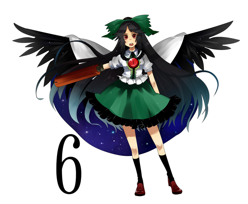 &#9317; 6 black_hair black_legwear black_socks bow cape eyes female front girl hair_bow kakueki-teisha kneehighs long_hair number open_mouth red_eyes reiuji_utsuho simple_background skirt socks solo standing touhou weapon wings