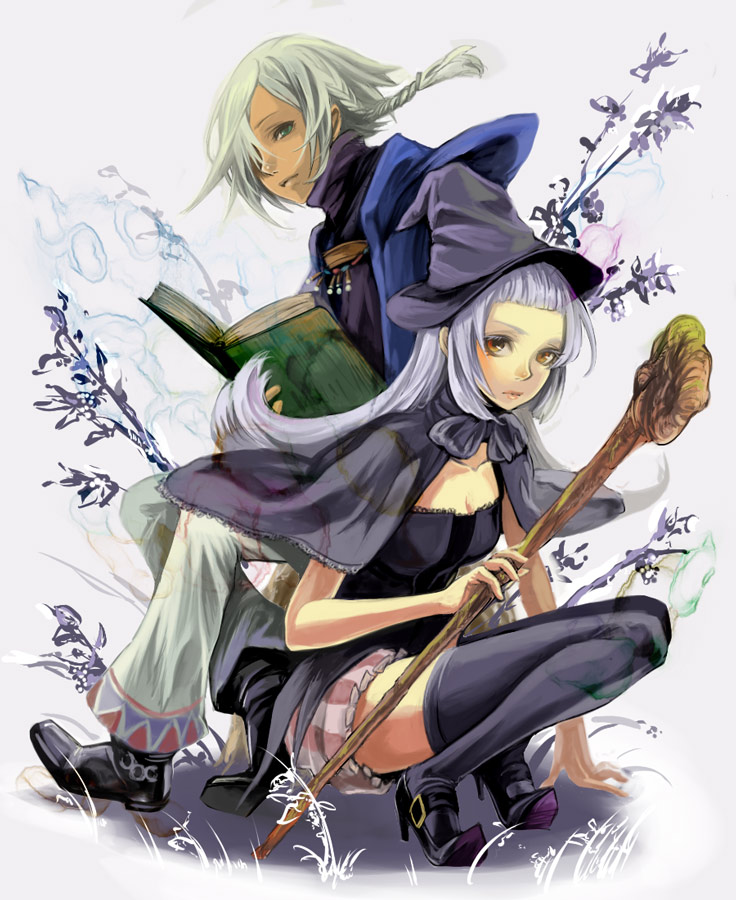 black_thighhighs blonde_hair bloomers braid brown_eyes cape colored_eyelashes crouching green_eyes harvest_moon harvest_moon_animal_parade harvest_moon_tree_of_tranquility hat hime_cut legs lips long_hair male mantle routemoc silver_hair staff tan thigh-highs thighhighs white_hair witch witch_(harvest_moon) witch_hat wizard_(harvest_moon)