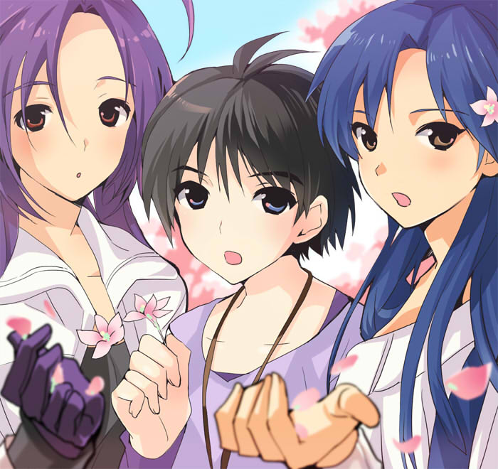 blue_eyes blue_hair brown_eyes face flower gloves hair_flower hair_ornament idolmaster kikuchi_makoto kisaragi_chihaya miura_azusa open_mouth petals purple_hair red_eyes taira_tsukune