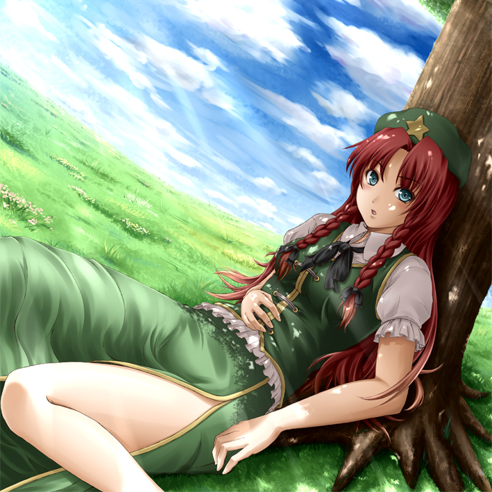 blue_eyes bow braid chinese_clothes hair_bow hat hong_meiling long_hair mochi.f red_hair redhead shade sitting solo touhou tree twin_braids