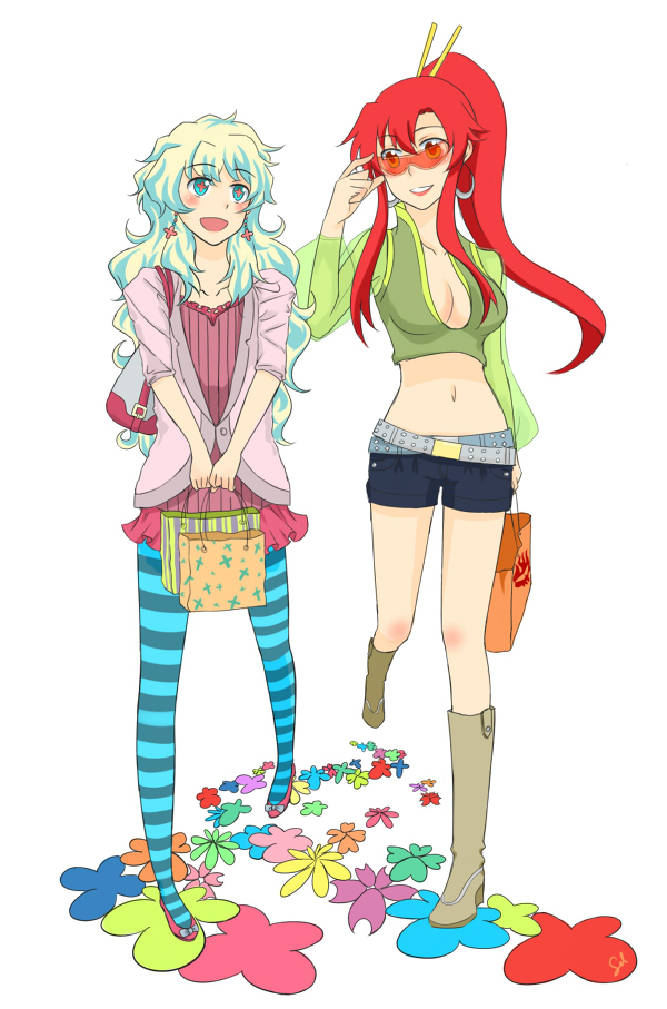 2girls bag belt boots breasts cleavage earrings fashion flower jacket jewelry midriff multicolored_hair multiple_girls nia_teppelin pantyhose ponytail red_hair redhead sel_(artemix) shooting_glasses shopping_bag shorts smile striped striped_leggings striped_legwear sunglasses symbol-shaped_pupils tengen_toppa_gurren-lagann tengen_toppa_gurren_lagann two-tone_hair yoko_littner yoko_ritona