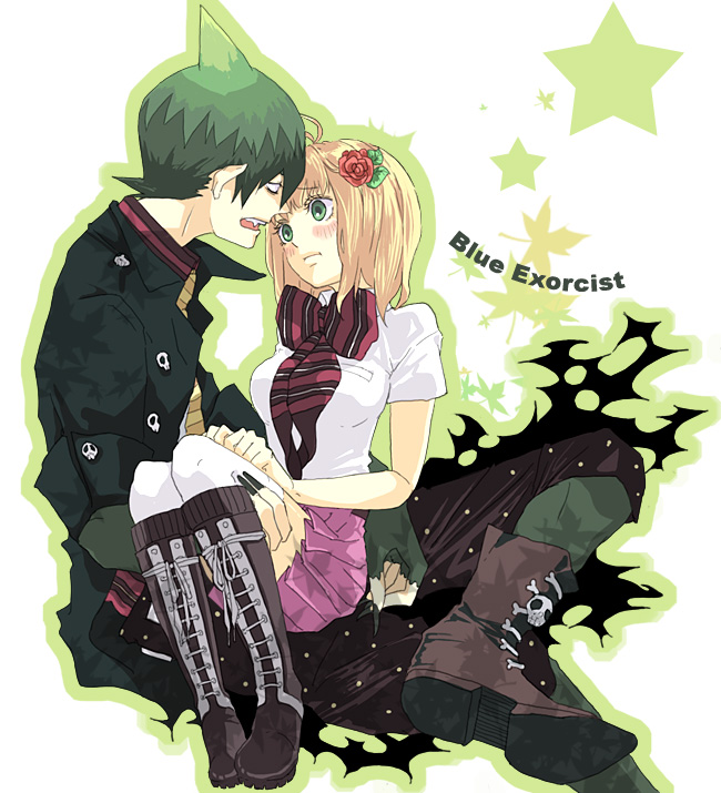 antenna_hair ao_no_exorcist blonde_hair boots coat crossed_legs fangs fingernails flower green_eyes green_hair hair_flower hair_ornament legs_crossed long_fingernails long_nails moriyama_shiemi open_mouth pointy_hair short_hair sitting sitting_on_lap sitting_on_person skirt thigh-highs thighhighs white_legwear xenon_1005 zettai_ryouiki