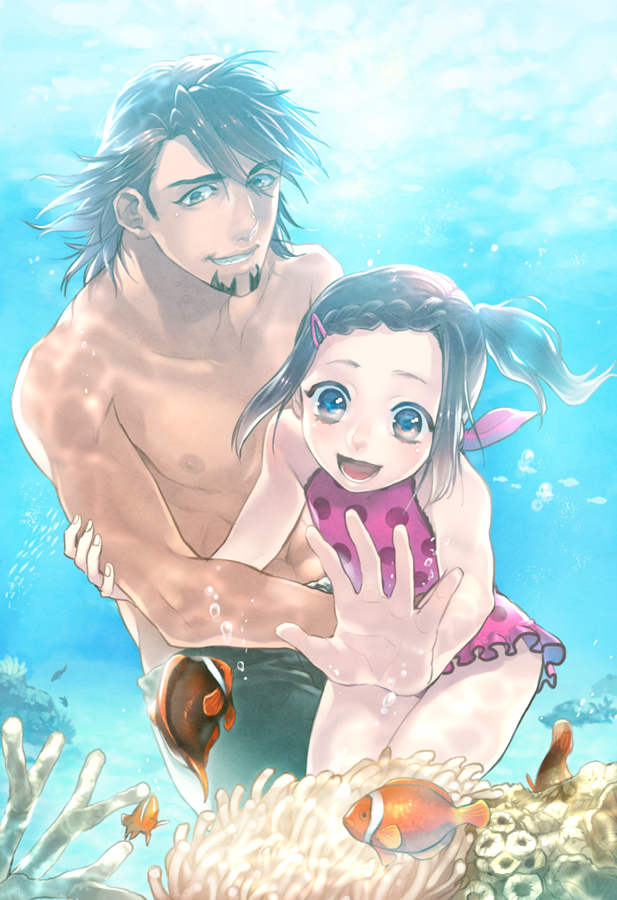 1girl age_difference babuix braid brown_eyes brown_hair casual_one-piece_swimsuit caustic_lighting clownfish facial_hair father_and_daughter fish freediving hair_ornament hairclip kaburagi_kaede kaburagi_t_kotetsu male mochizuki_anko one-piece_swimsuit polka_dot polka_dot_swimsuit short_hair side_ponytail stubble swim_trunks swimming swimming_trunks swimsuit tiger_&amp;_bunny underwater