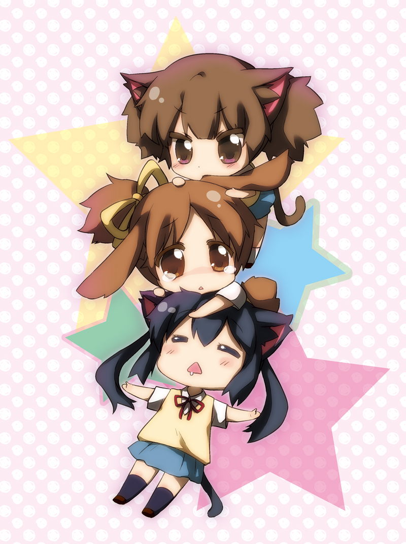 black_hair brown_eyes brown_hair bunny_ears cat_ears chibi closed_eyes dog_ears eyes_closed haruna_mahiru hirasawa_ui k-on! long_hair lying nakano_azusa ponytail short_hair short_twintails suzuki_jun twintails