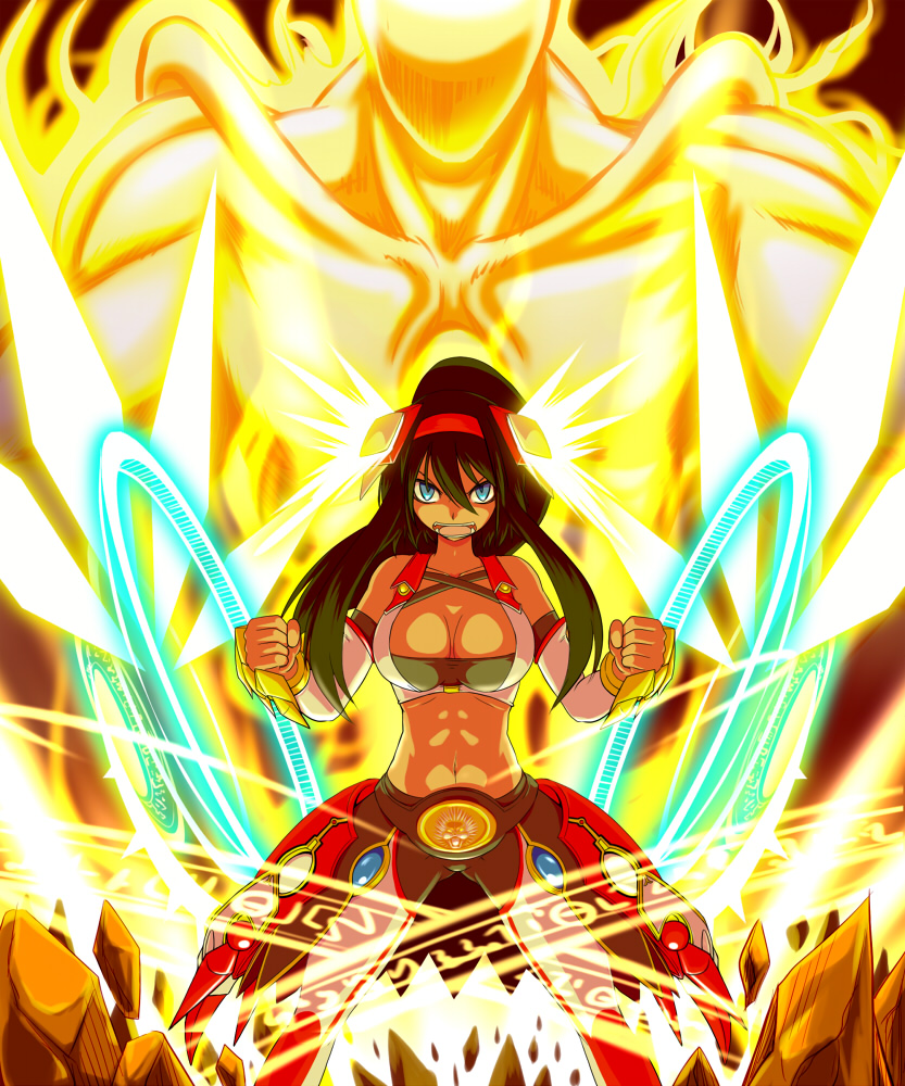 bare_shoulders black_hair blue_eyes breasts brown_hair character_request clenched_hands detached_sleeves false_island female finishing_move fire fist hairband large_breasts magic open_mouth original payot solo sumeshi