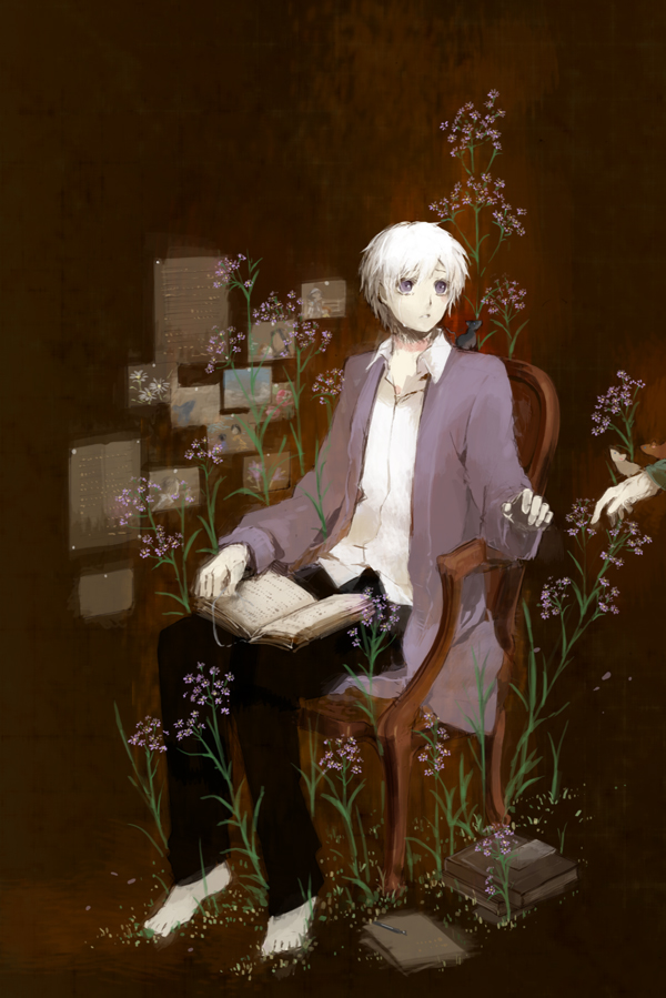barefoot chair crying facial_mark flower male mouse nature nezumi_(no.6) no.6 purple_eyes shion_(no.6) short_hair sion_(no.6) sitting violet_eyes white_hair