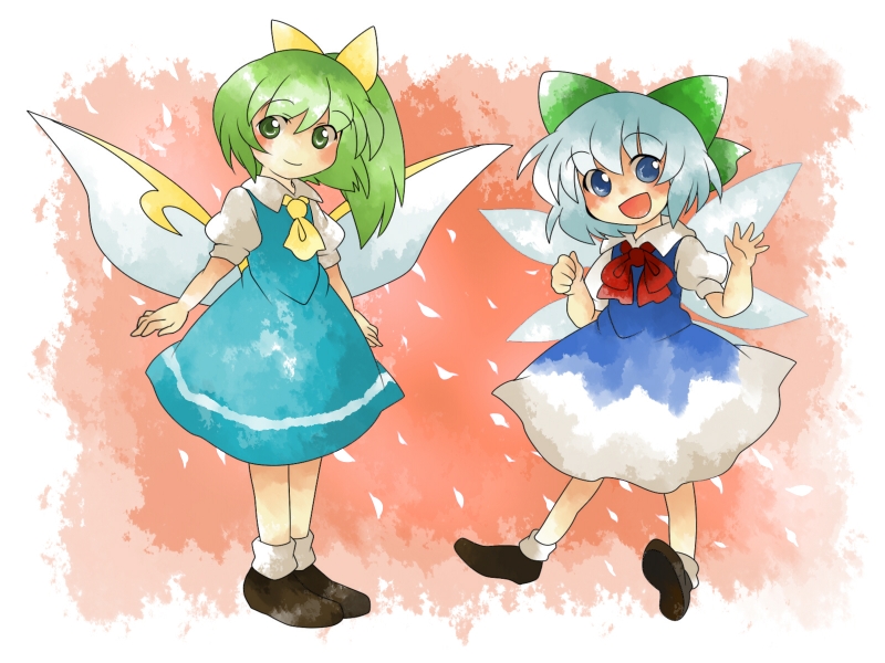 :d aenobas bad_id blue_hair blush bow child cirno daiyousei dress green_eyes green_hair hair_bow hammer_(sunset_beach) multiple_girls open_mouth short_hair side_ponytail smile touhou wings