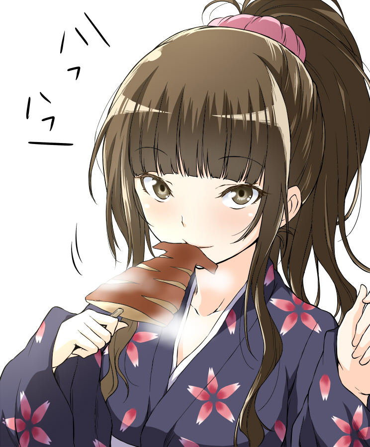 amagami bangs blunt_bangs brown_eyes brown_hair eating food japanese_clothes kamizaki_risa kimono long_hair payot ponytail scrunchie shouji_2 squid translated