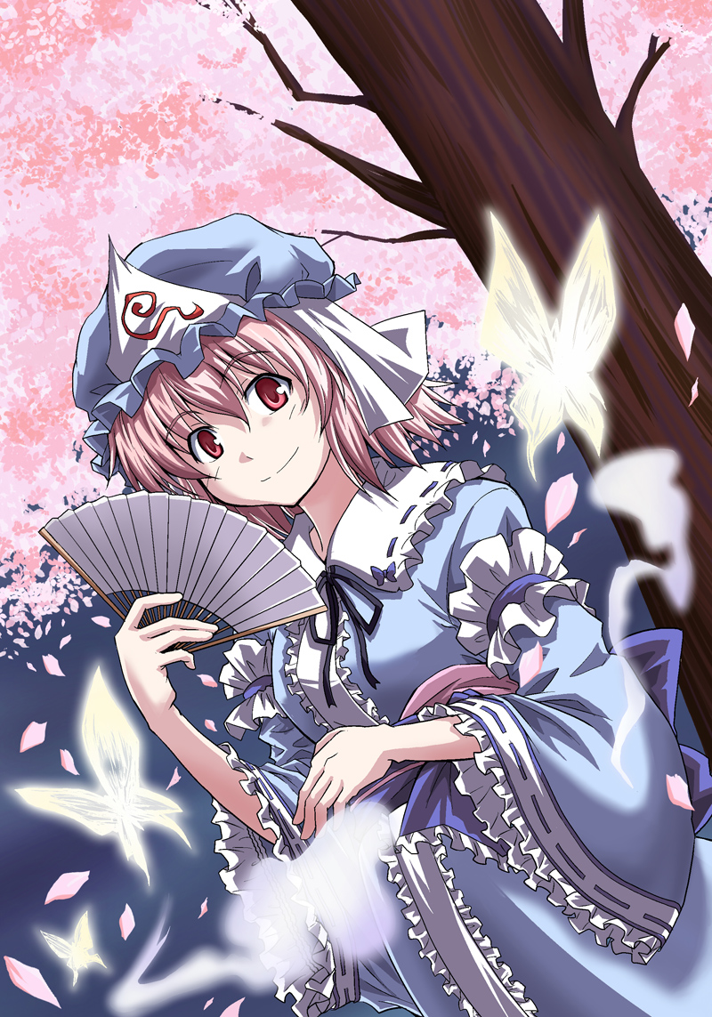 bust butterfly cherry_blossoms dutch_angle fan folding_fan ghost hat hitodama japanese_clothes looking_at_viewer pink_hair red_eyes rimibure saigyouji_yuyuko smile solo touhou tree triangular_headpiece