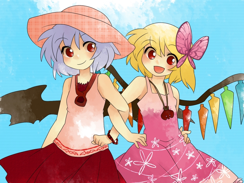 :d aenobas alternate_costume blonde_hair butterfly_hair_ornament comic contemporary dress flandre_scarlet hair_ornament hammer_(sunset_beach) hat jewelry lavender_hair locked_arms multiple_girls necklace open_mouth red_eyes remilia_scarlet short_hair siblings silent_comic sisters skirt sleeveless sleeveless_shirt smile sun_hat sundress touhou wings