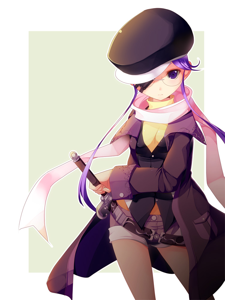 blush breasts cabbie_hat cleavage eyepatch female frown glasses hat hat_over_one_eye jacket koflif long_coat long_hair original pantyhose purple_eyes purple_hair ready_to_draw scarf short_shorts shorts solo sword turtleneck twintails weapon