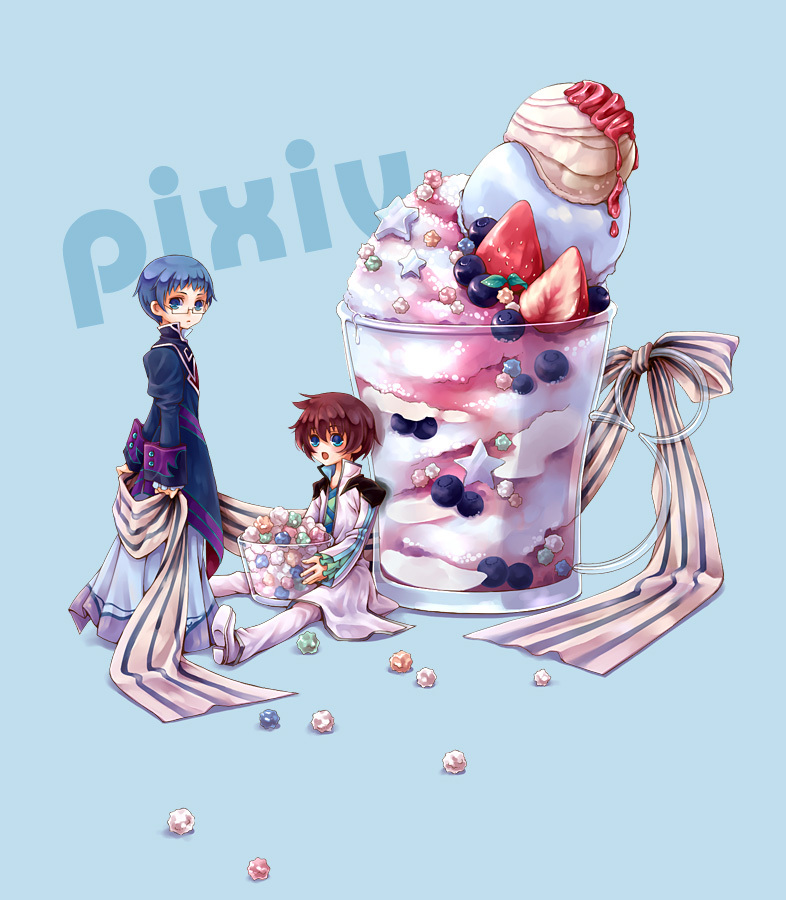 :o asbel_lhant blue_eyes blue_hair blueberry bow brothers candy coat food fruit glasses hubert_ozwell multiple_boys pants parfait popcorn red_hair redhead ribbon shoes siblings sitting star strawberry tales_of_(series) tales_of_graces yuki_(port_fairy)