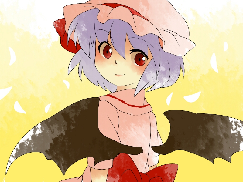 aenobas bow comic dress hammer_(sunset_beach) hat large_bow lavender_hair looking_back red_eyes remilia_scarlet short_hair silent_comic smile solo touhou wings