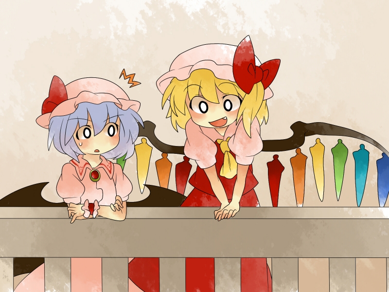 2girls :d aenobas ascot blonde_hair bow brooch comic fang flandre_scarlet hair_bow hammer_(sunset_beach) hat jewelry large_bow lavender_hair multiple_girls open_mouth remilia_scarlet short_hair siblings side_ponytail silent_comic sisters smile surprised touhou wings wrist_cuffs