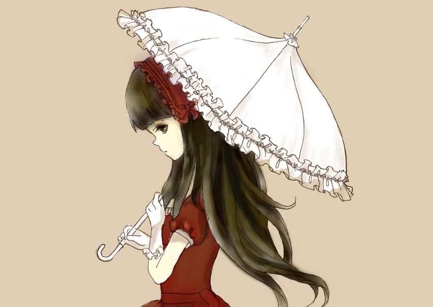 bangs black_hair blunt_bangs bonnet dress frills gloves itoshiki_rin long_hair parasol profile sayonara_zetsubou_sensei simple_background solo umbrella wavy_hair white_gloves