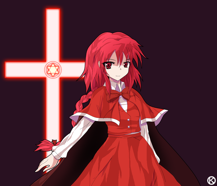 alphes_(style) braid cape capelet cross dress hexagram kaoru_(gensou_yuugen-an) long_hair okazaki_yumemi parody red red_dress red_eyes red_hair redhead solo style_parody touhou touhou_(pc-98)