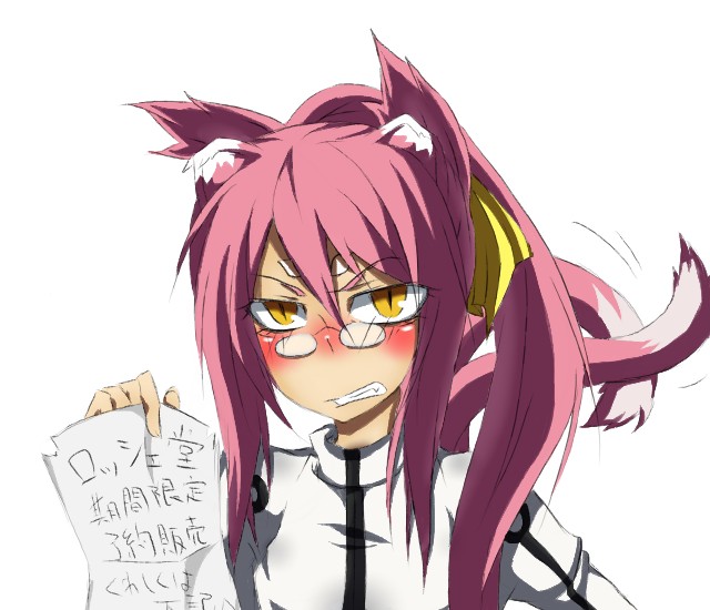 angry blazblue blush bust cat_ears cat_eyes cat_tail fang female glasses kokonoe labcoat long_hair minakage multiple_tails pince-nez pink_hair ponytail ribbon solo tail translation_request yellow_eyes yellow_ribbon