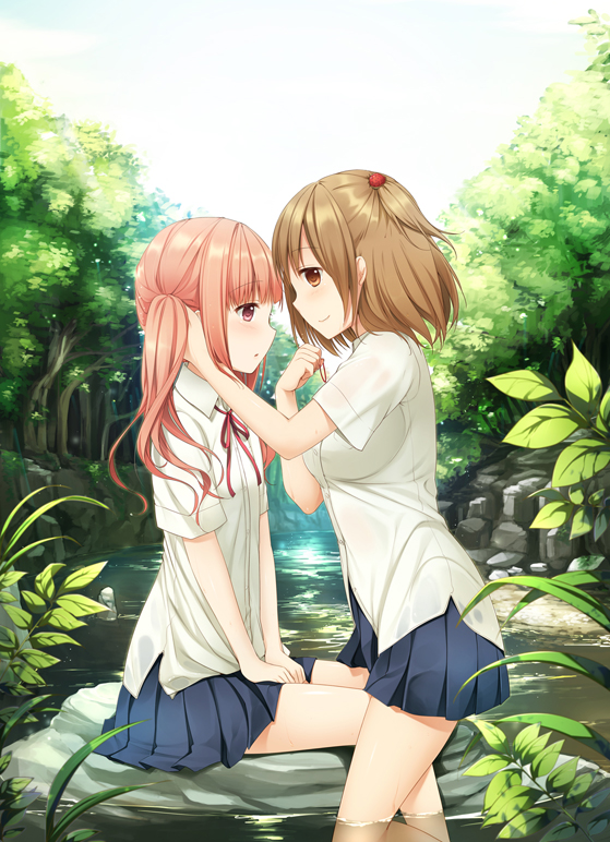 2girls :o bangs blush brown_eyes brown_hair character_request collar hand_in_hair hands_on_another's_head hands_on_lap holding holding_hair itou_nanami long_hair looking_at_another multiple_girls nature neck_ribbon one_side_up open_mouth partially_submerged pink_eyes pink_hair pleated_skirt ribbon river rock school_uniform shirt short_hair short_sleeves side_ponytail sitting sitting_on_rock skirt smile straddle tomodachi_login tree water white_shirt
