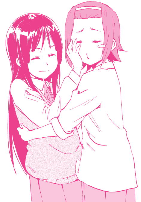 2girls :3 akiyama_mio blush_stickers closed_eyes hand_on_another's_face hug k-on! monochrome multiple_girls school_uniform tainaka_ritsu zasshu_tamashii