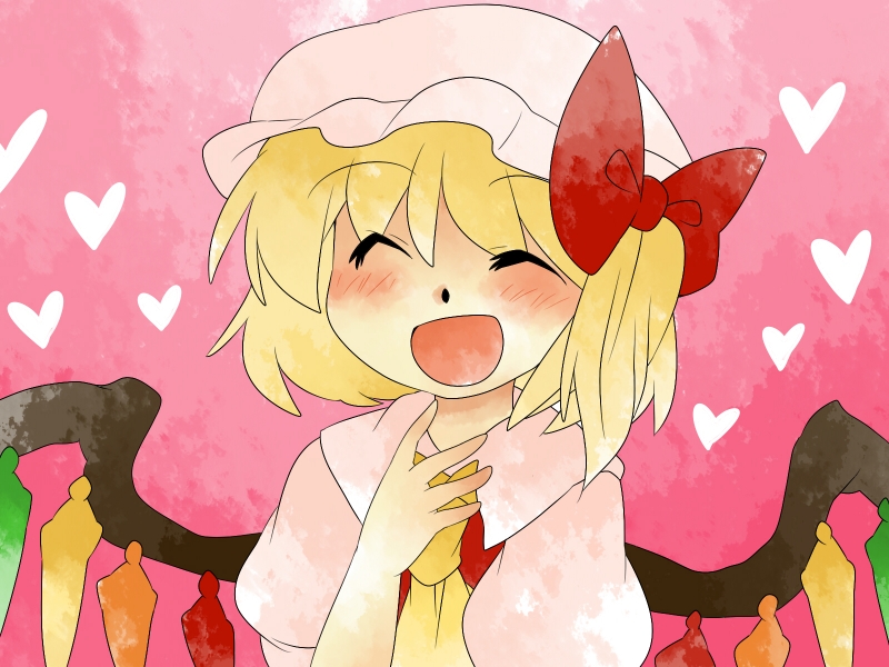 :d aenobas ascot blonde_hair bow closed_eyes comic eyes_closed flandre_scarlet hair_bow hammer_(sunset_beach) happy hat heart heart_background open_mouth side_ponytail silent_comic smile solo touhou wings