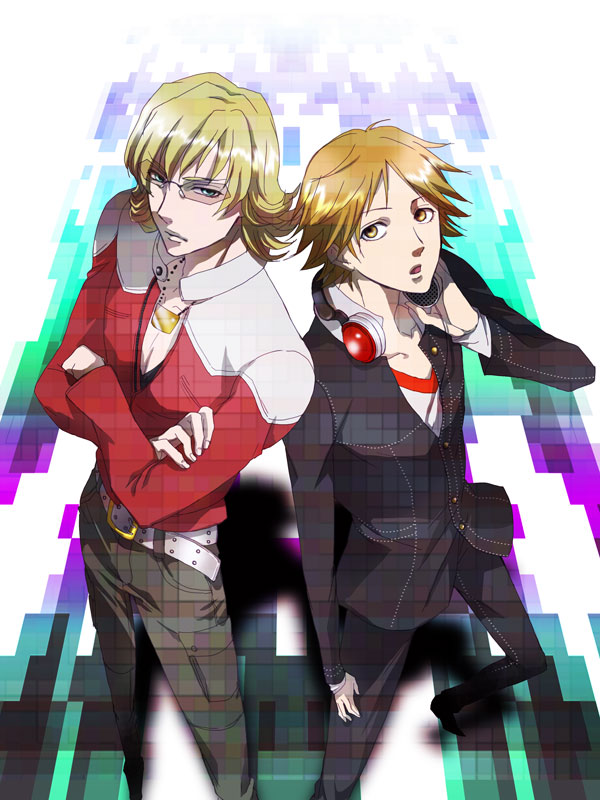 2boys bad_id barnaby_brooks_jr belt blonde_hair brown_eyes brown_hair crossed_arms crossover etoile0 glasses green_eyes hanamura_yousuke headphones houndstooth jacket jewelry male multiple_boys necklace persona persona_4 perspective red_jacket school_uniform short_hair studded_belt tiger_&amp;_bunny