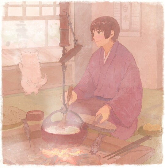 axis_powers_hetalia bad_id basket black_hair brown_eyes cat chopsticks cooking dog fading_borders fire fish food hanging japan_(hetalia) japanese_clothes kimono ladle male pochi_(hetalia) pon_(cielo) pot seiza sitting skewer smile smoke solo spoon steam window wood