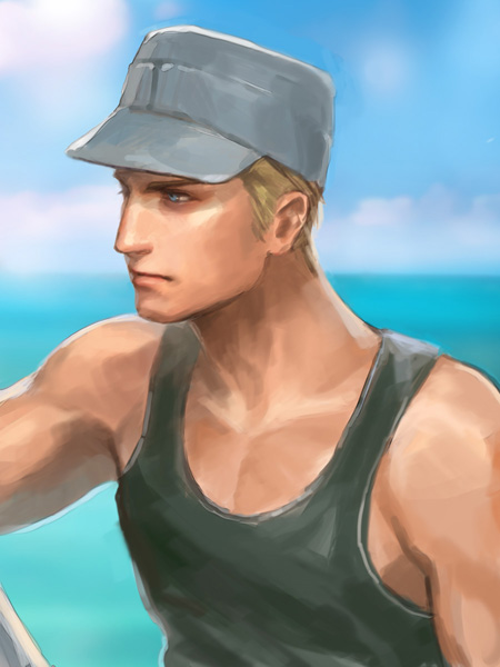 armpits axis_powers_hetalia blonde_hair blue_eyes cloud germany_(hetalia) hat lotus_(elico) lotus_(pixiv) male ocean profile realistic sky sleeveless solo tank_top water