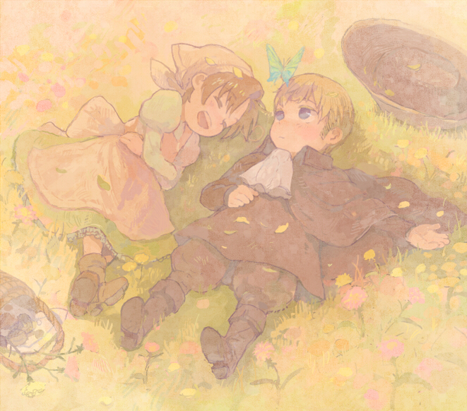 ahoge apron axis_powers_hetalia bad_id basket blonde_hair blue_eyes boots brown_hair butterfly chibitalia_(hetalia) cloak closed_eyes cravat crossdressinging dress eyes_closed grass happy hat head_scarf holy_roman_empire_(hetalia) laughing lying male multiple_boys northern_italy_(hetalia) on_back on_side open_mouth outstretched_arm pon_(cielo) skirt
