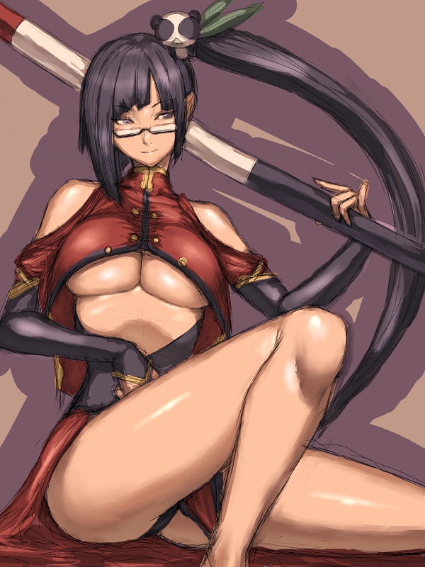 black_eyes black_hair blazblue breast breasts chinese_dress fumio_(rsqkr) glasses gloves humio litchi_faye_ling long_hair glasses panties polearm ponytail side_ponytail sitting solo underboob underwear weapon